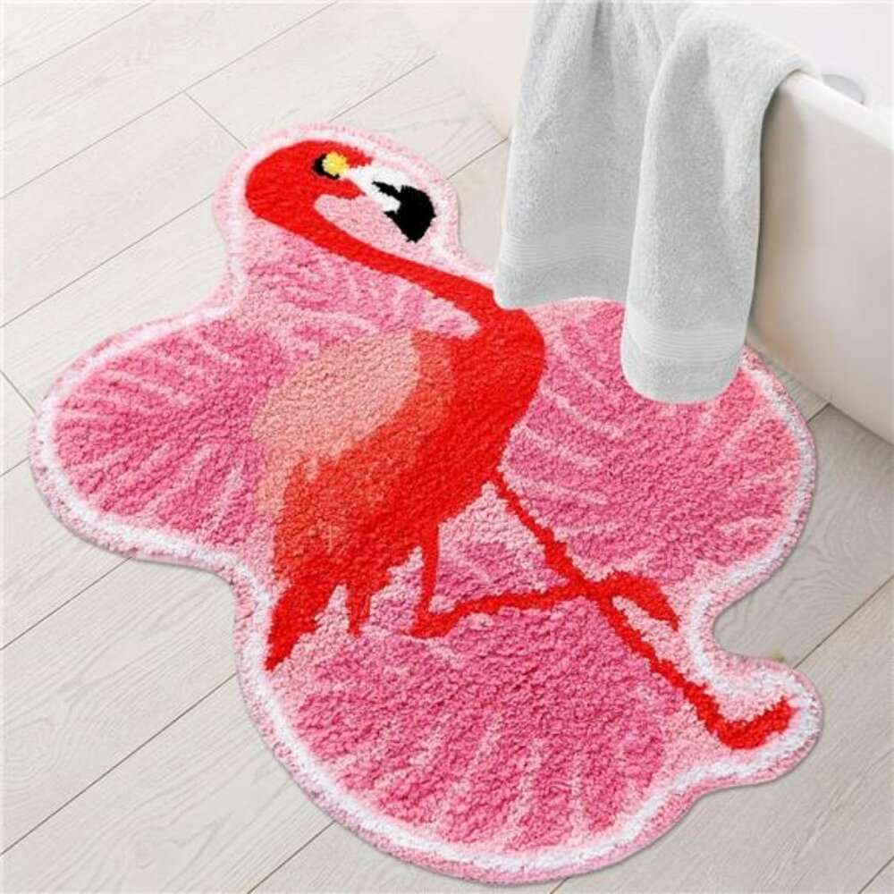 Pink Flamingo Palm Bath Mat Tropical Tufted Non Slip Bathroom Rug Soft Floor Dec